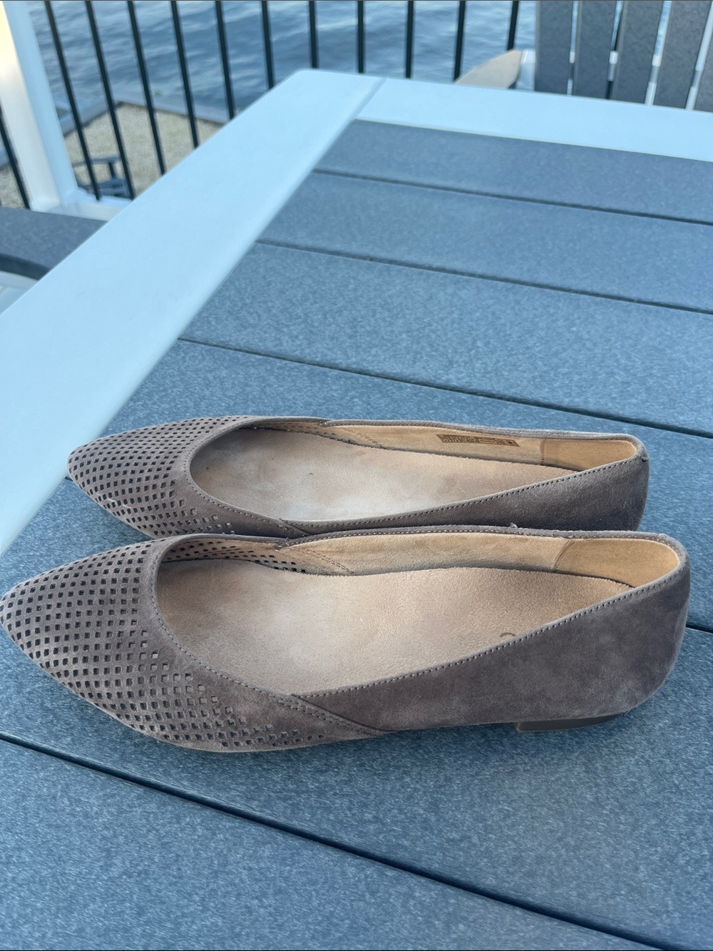 Vionic Taupe Pointed-Toe Perforated Suede Flats
